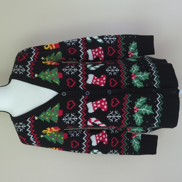 Absolutely Famous Button Up Acrylic Cardigan Christmas Sweater MEDIUM Black Red - Picture 2 of 16